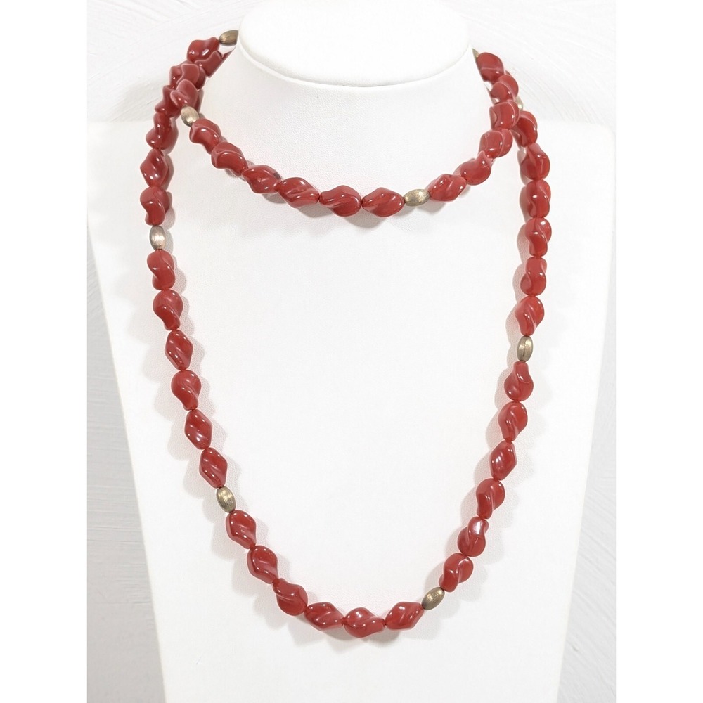 Vintage Red Lucite Curved Oval Bead Necklace 32" Mid Century